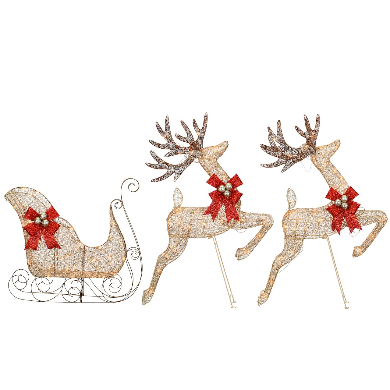 Champagne Reindeer and Sleigh with Clear Lights Decoration
